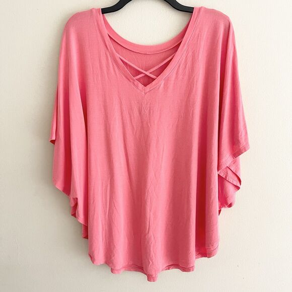 Anna Ava Coral Pink Poncho Style Top Slouchy One Size Flutter Sleeve Jersey Knit - Picture 2 of 6